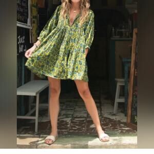 Natural Life Women's Aimee Floral Boho Tunic Mini Dress Medium Green